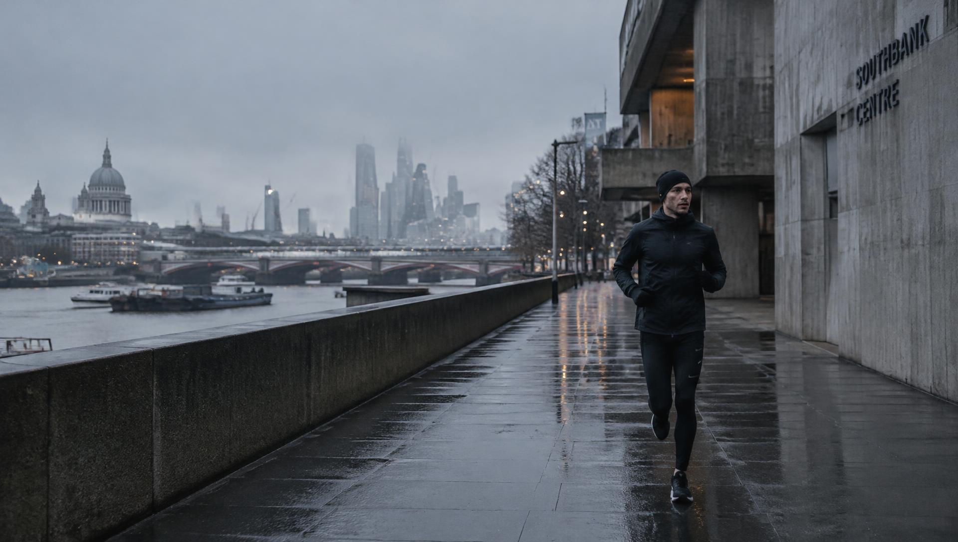 Runner on a wet London riverside path at dawn